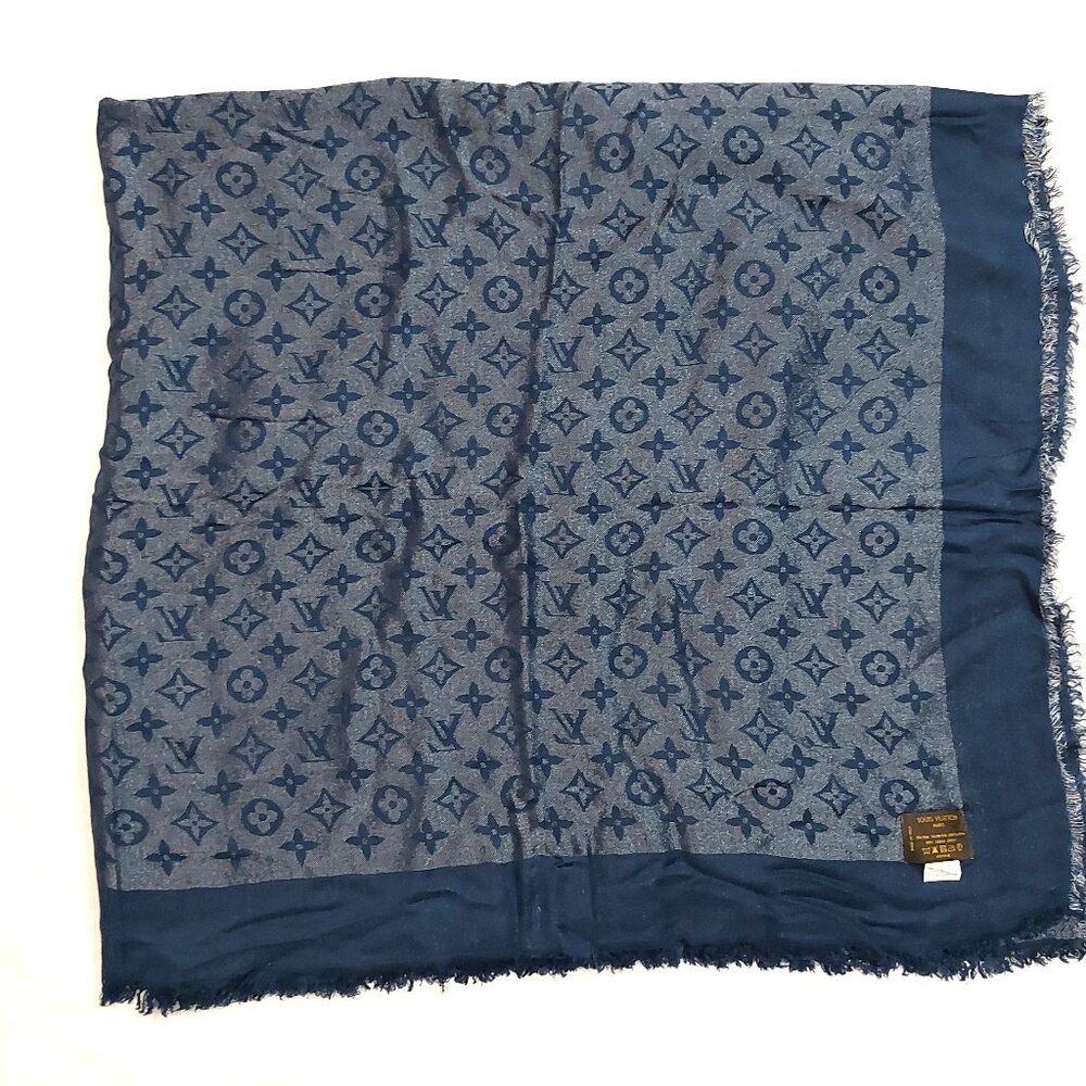 LOUIS VUITTON Vintage Iridescent Midnight Blue Silver Silk Wool Scarf Shawl Wrap - Picture 7 of 10